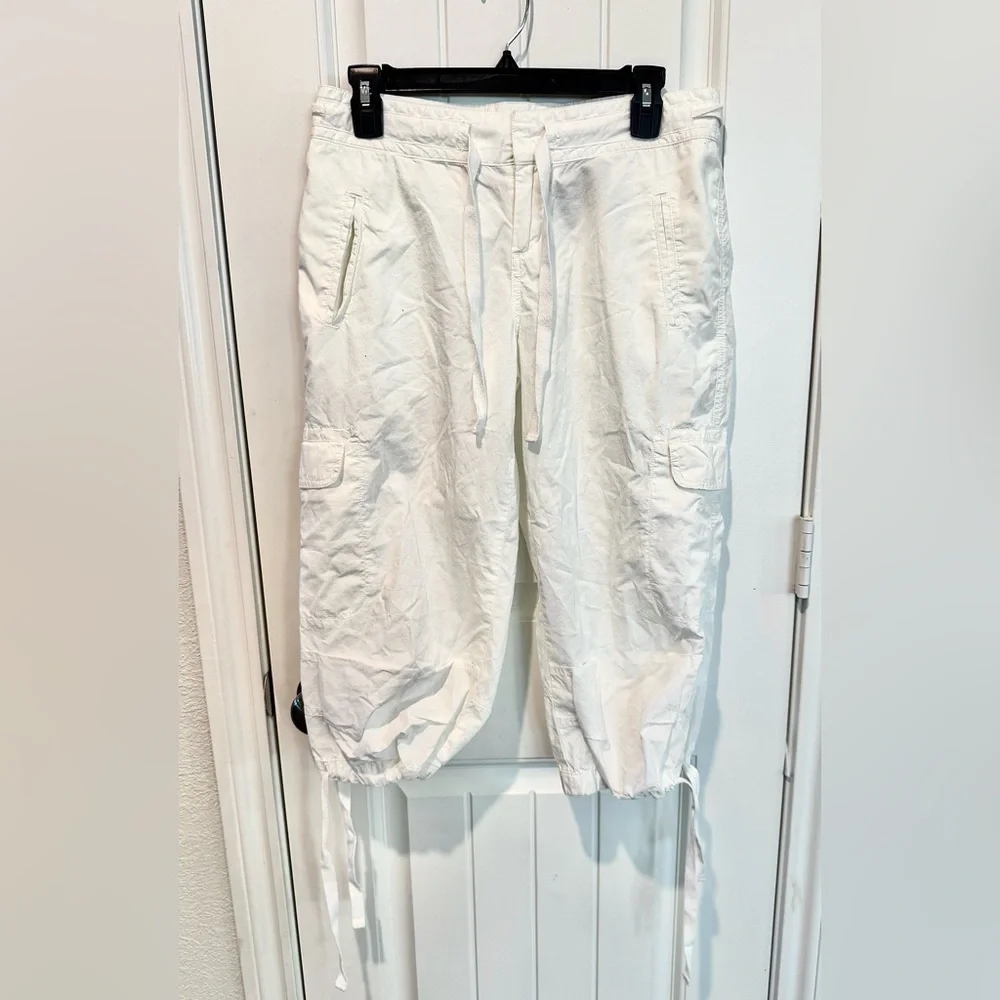 Norma Kamali White Cargo Capri Pants Womens Sz 4 100% Cotton Adjustable Y2K - Picture 2 of 12